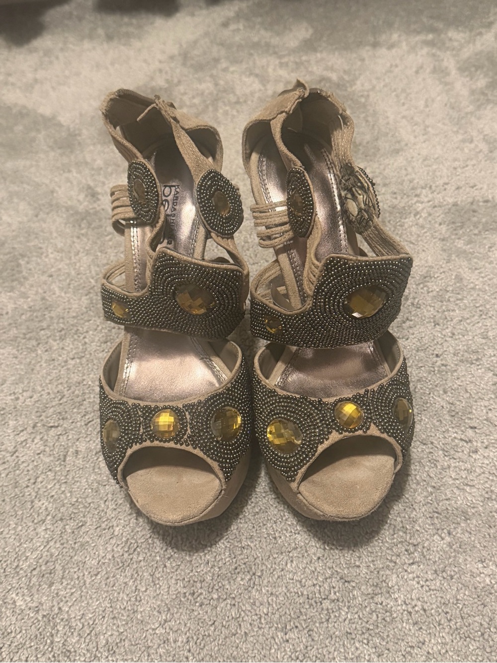 bebe Tan Suede Beaded Peep-Toe Heels with Yellow Gem Accents